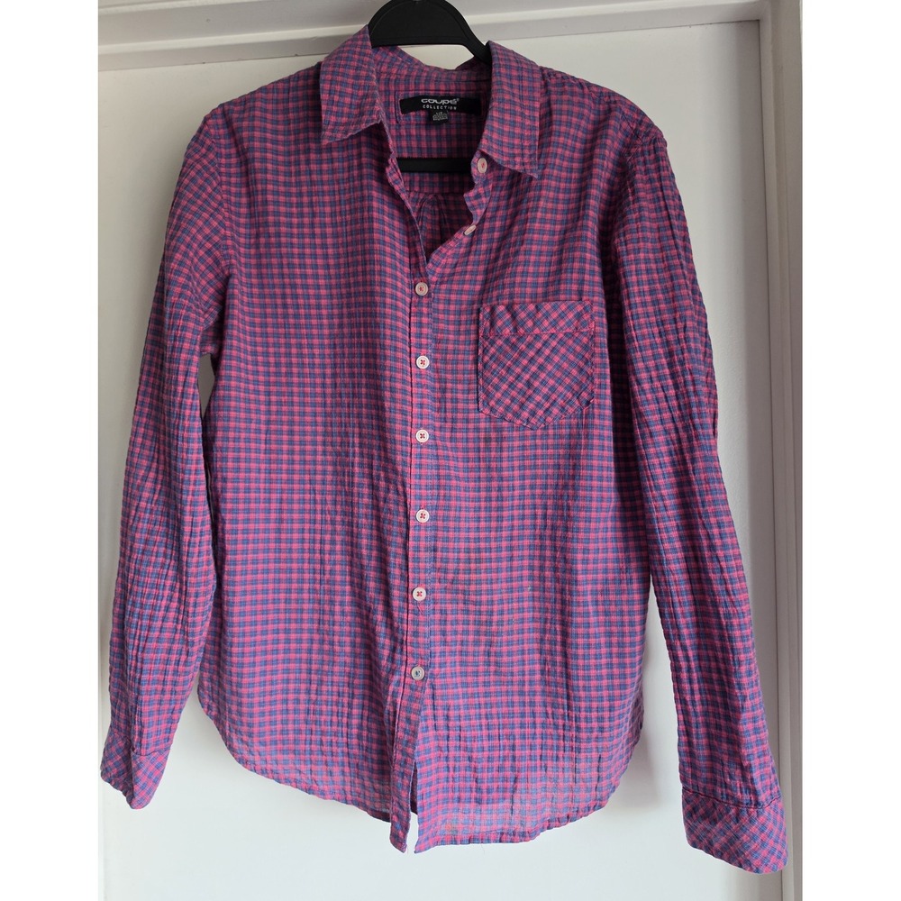 Coupe Collection Plaid Button-Down Shirt Women L Pink Blue Long Sleeve Cotton